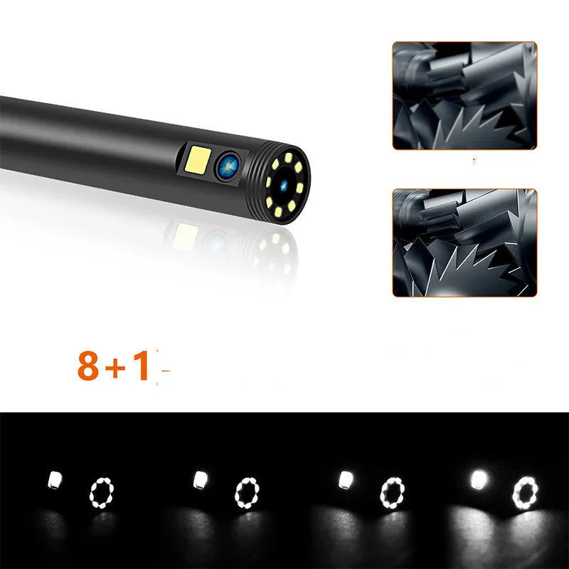 Wireless dual lens endoscope with 5.5mm and 8mm probes, magnet and hook accessories, smartphone display