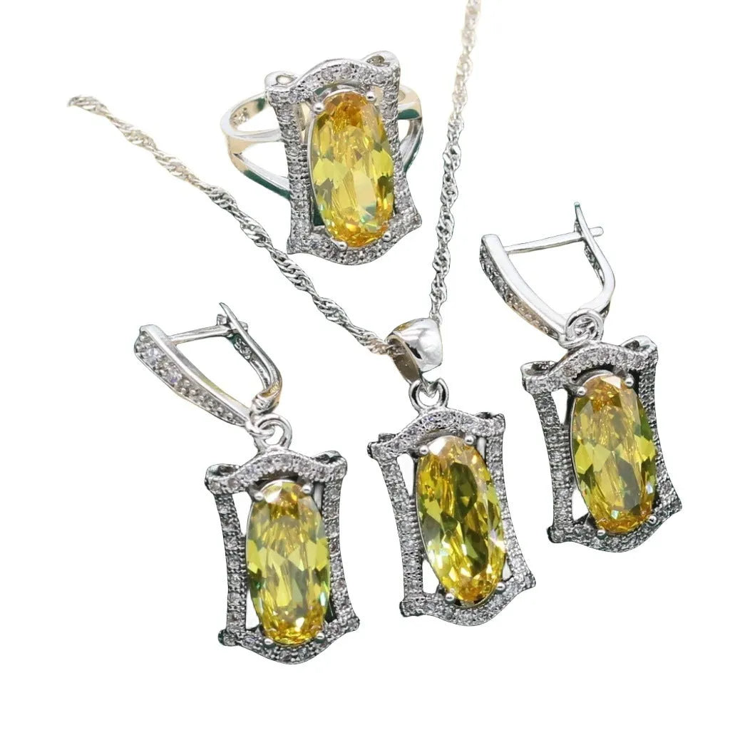 Women's zircon jewellery set with necklace, earrings, ring and bracelet in yellow or olive colour