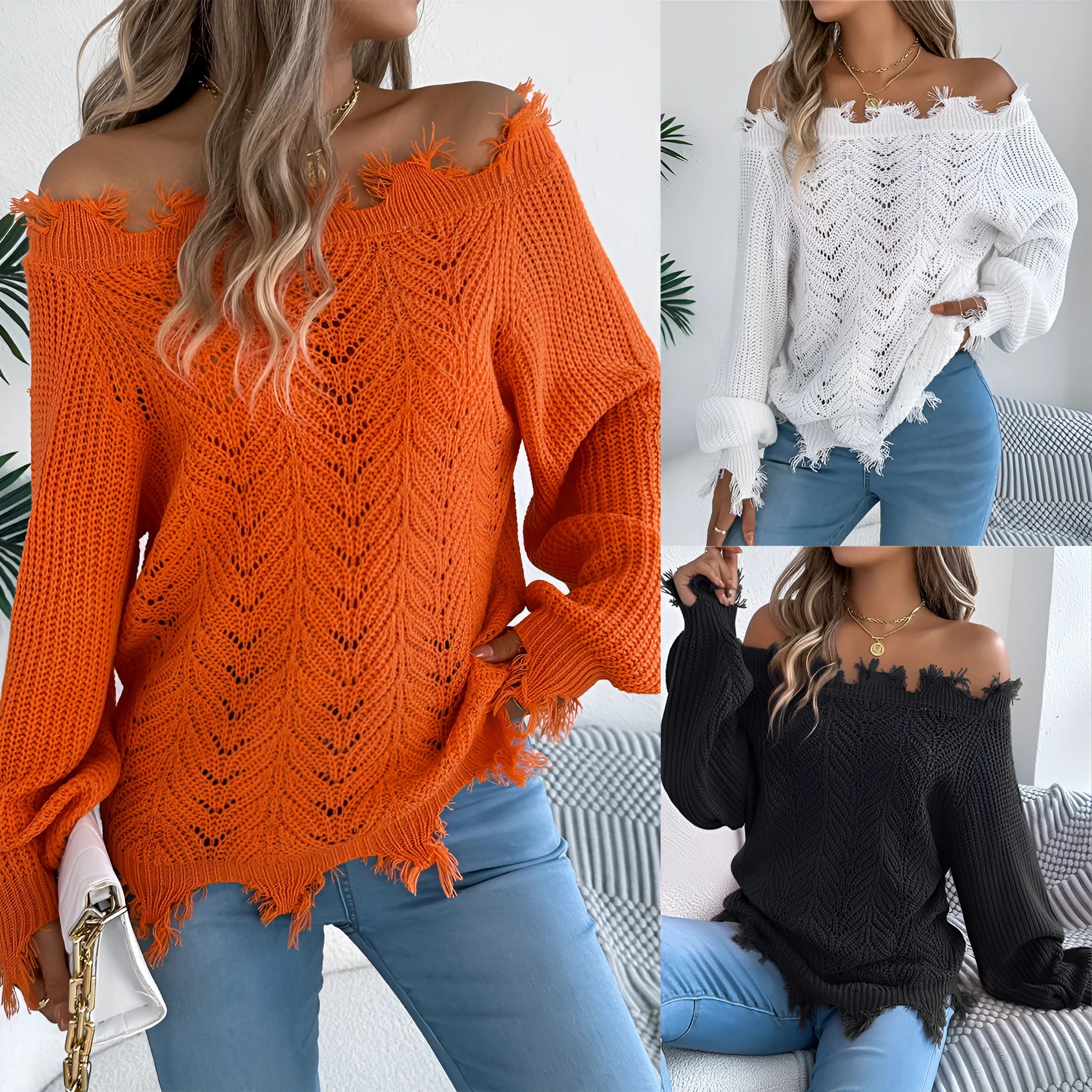 White hollow-out pullover sweater with cut off-the-shoulder design and long sleeves
