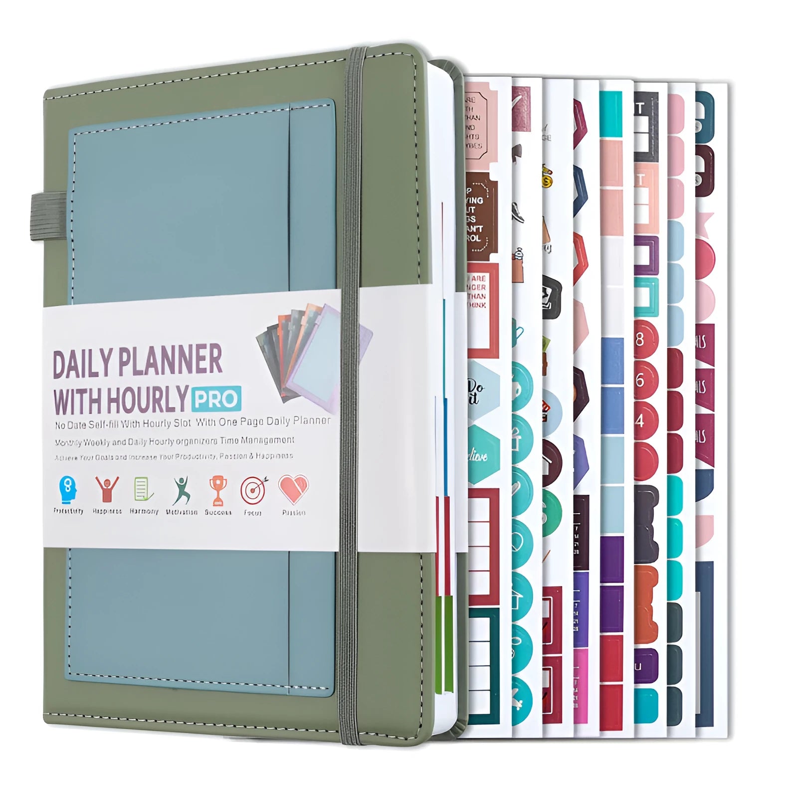 A5 no-date notebook with thread-bound spine and PU cover, shown in multiple colour options.