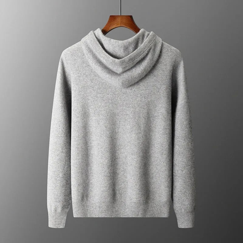 Men's light grey hooded cashmere sweatshirt and matching trousers laid flat as a complete casual set.
