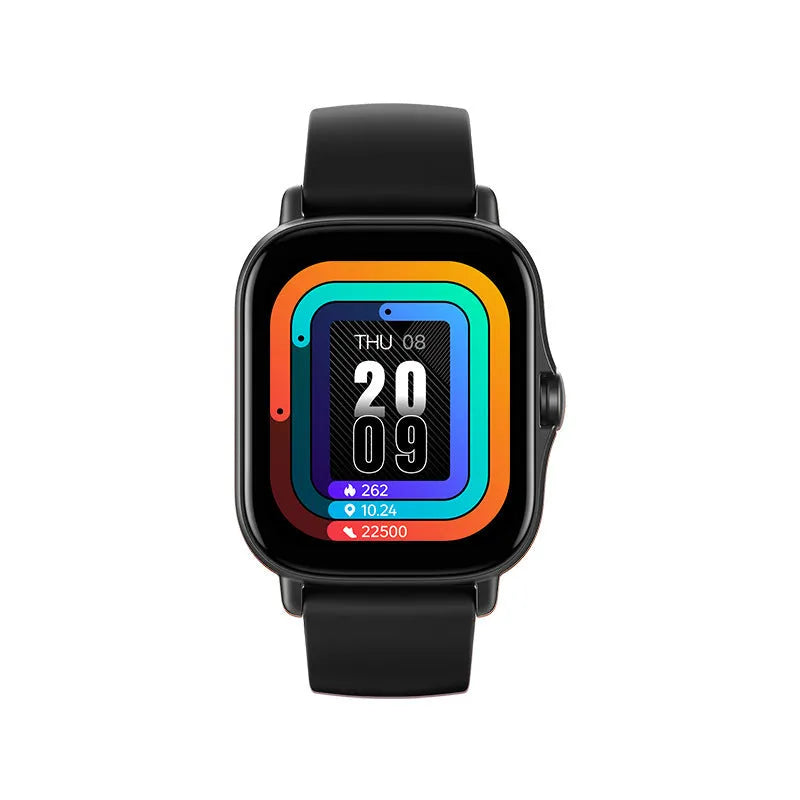 GT20 black smartwatch with alloy case and silicone strap on a wrist, displaying heart rate data.