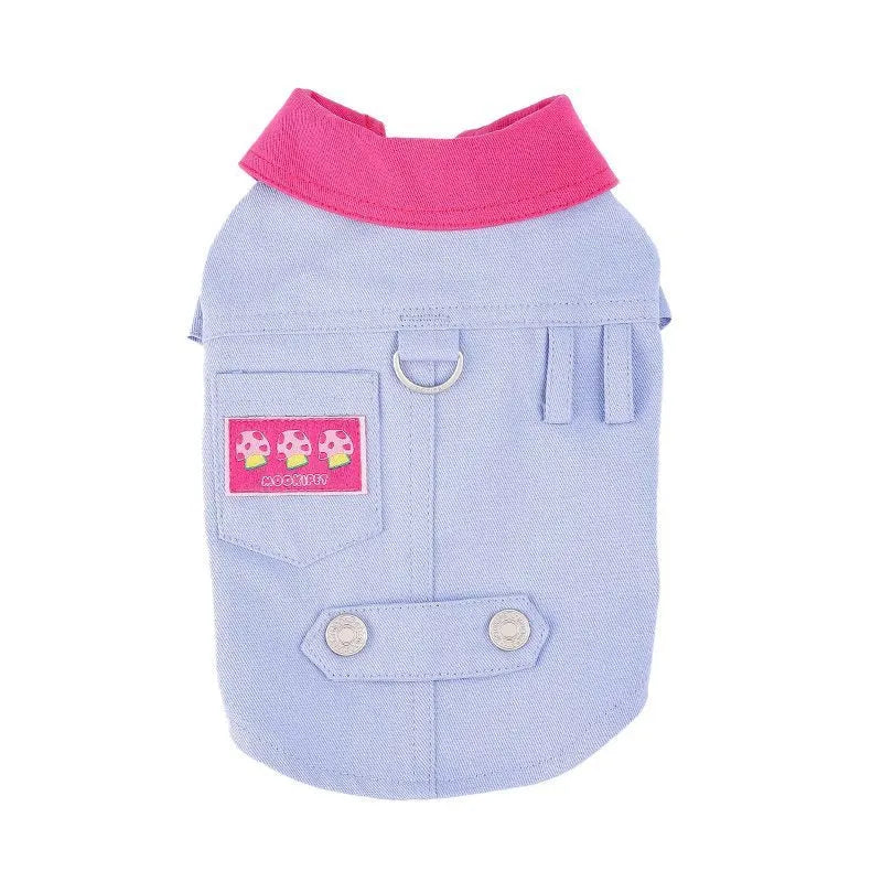 Blue and purple polyester summer vest for small dogs with integrated leash ring in seven precise sizes
