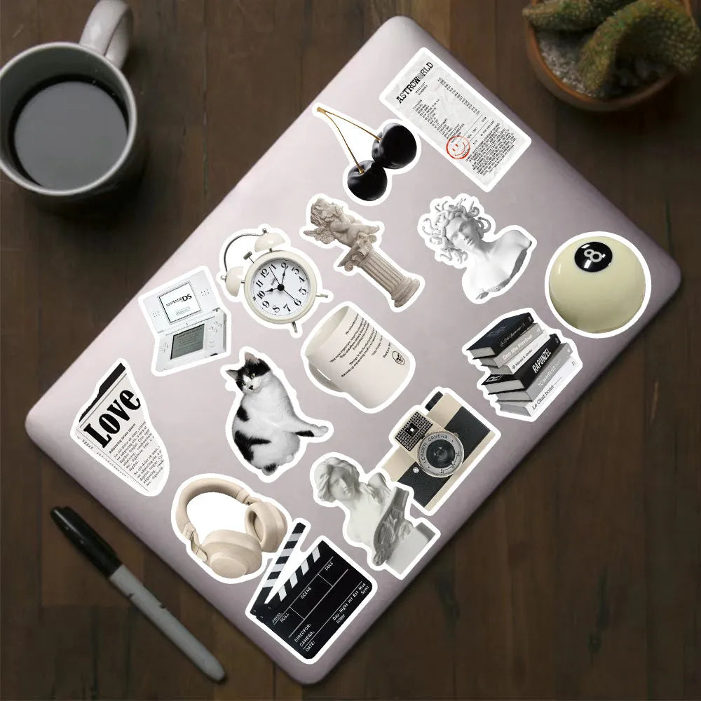 61 piece black and white waterproof PVC sticker set for multiple surfaces