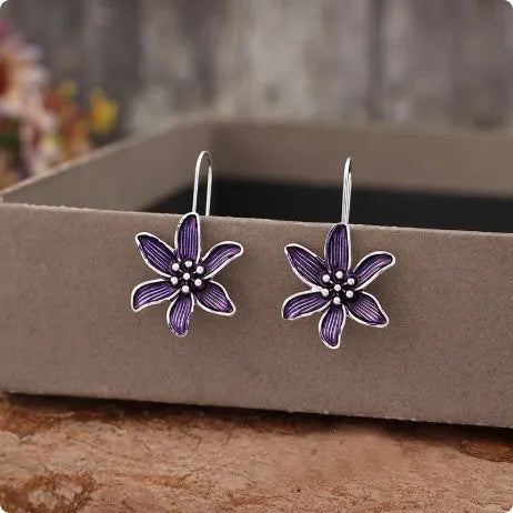 Purple flower-shaped alloy earrings with electroplated finish and butterfly clasps