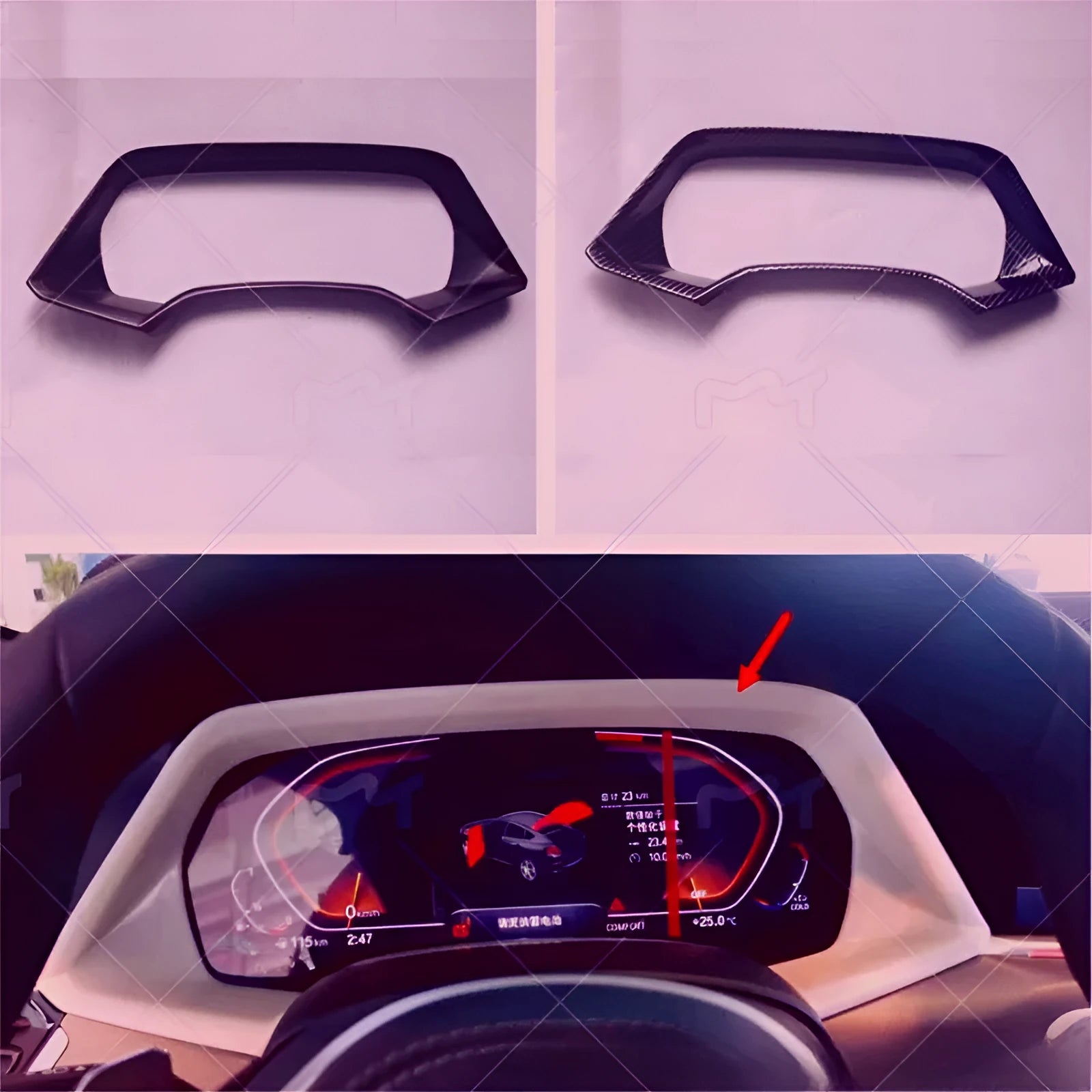 BMW X5L dashboard decorative frame in carbon fibre or peach wood finish with adhesive installation