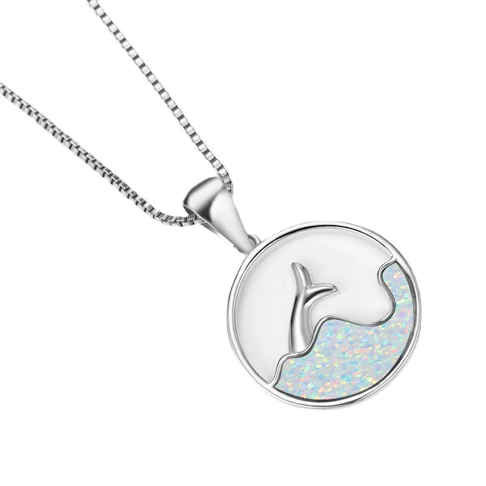 Round blue opal fishtail geometric pendant necklace on a chain, platinum electroplated copper finish.