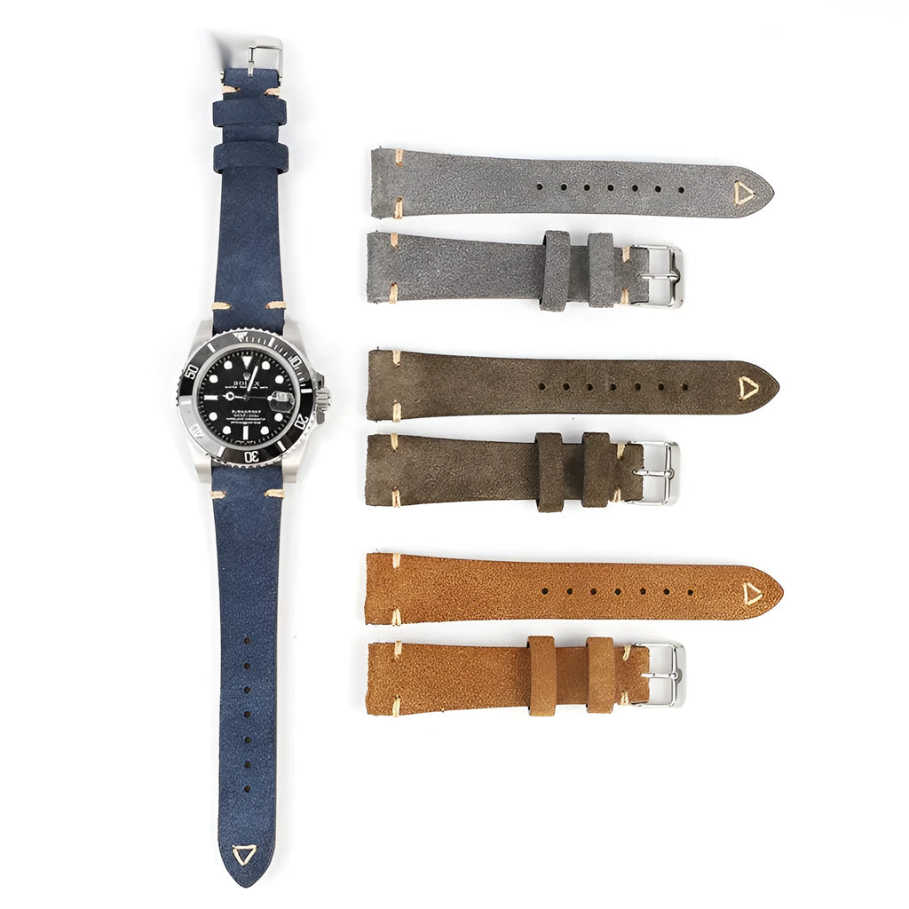 Genuine suede leather watch strap in brown, blue, grey, and army green for 20mm and 22mm watches.