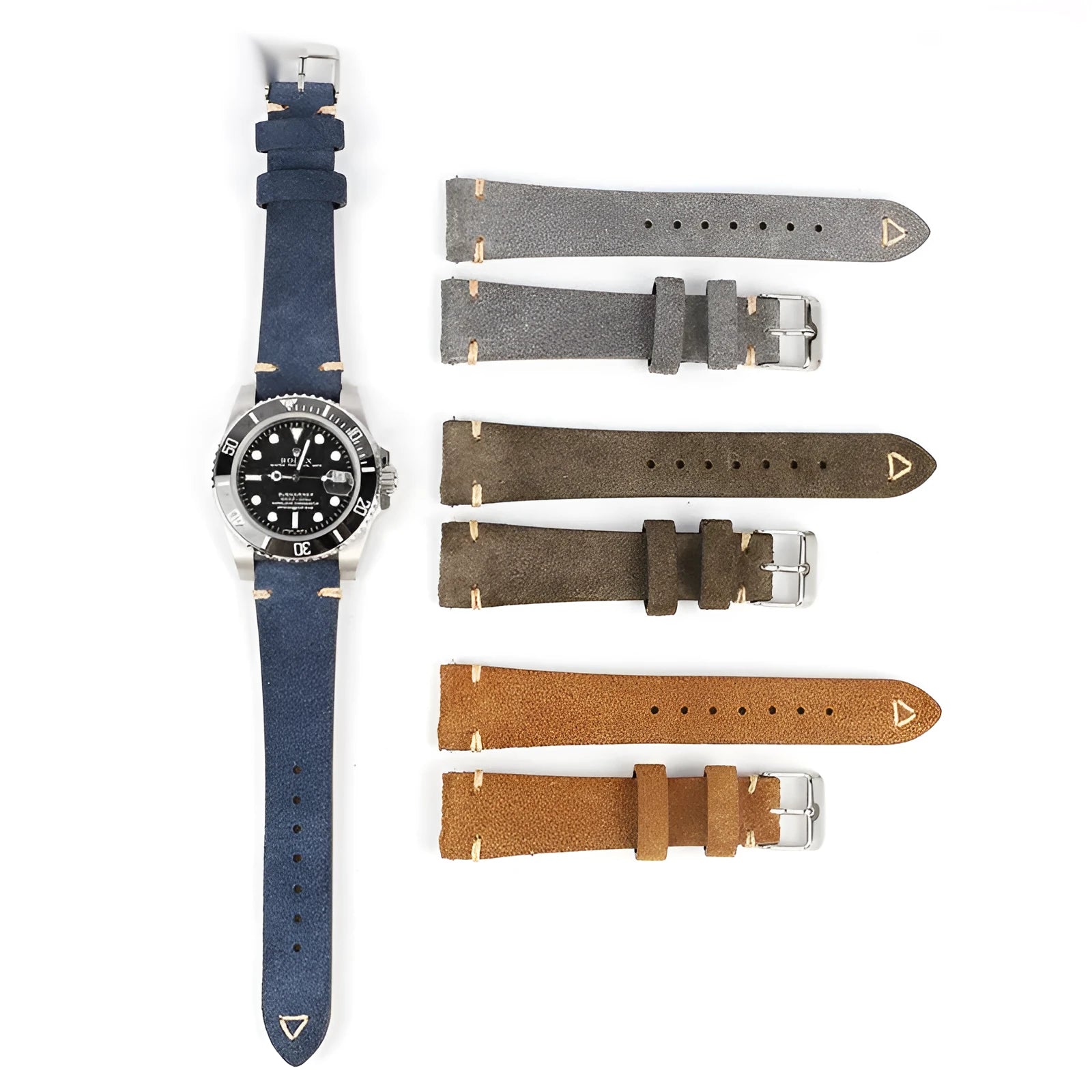 Genuine suede leather watch strap in brown, blue, grey, and army green for 20mm and 22mm watches.