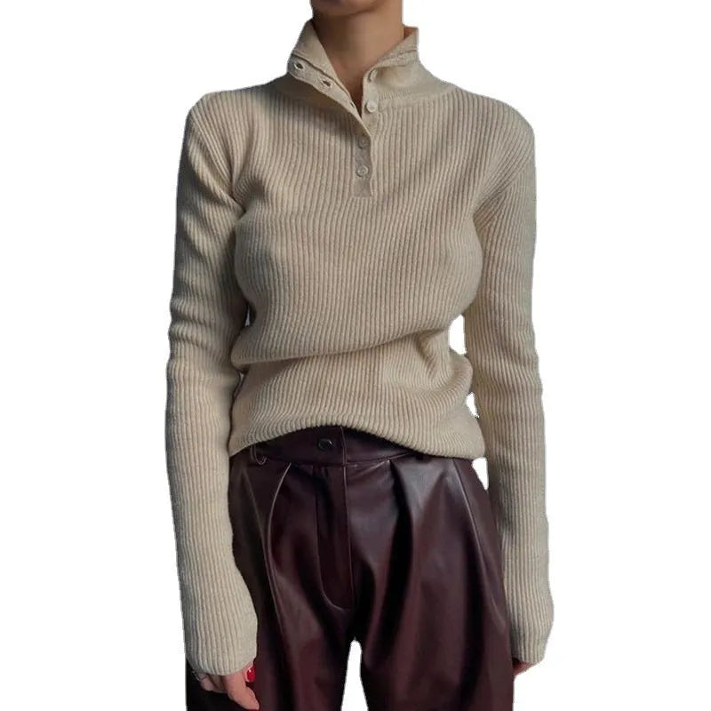 Retro breasted half turtleneck pullover sweater in slim fit with single-breasted placket detail