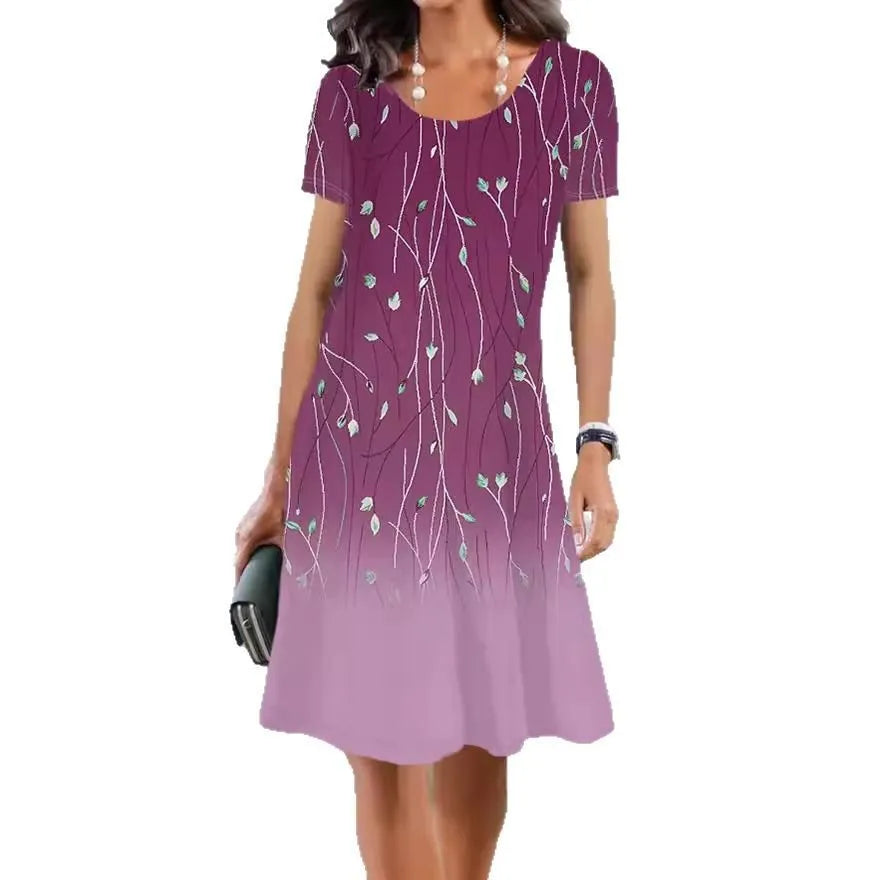 Floral print A-line summer dress in ice silk polyester fabric with short sleeves