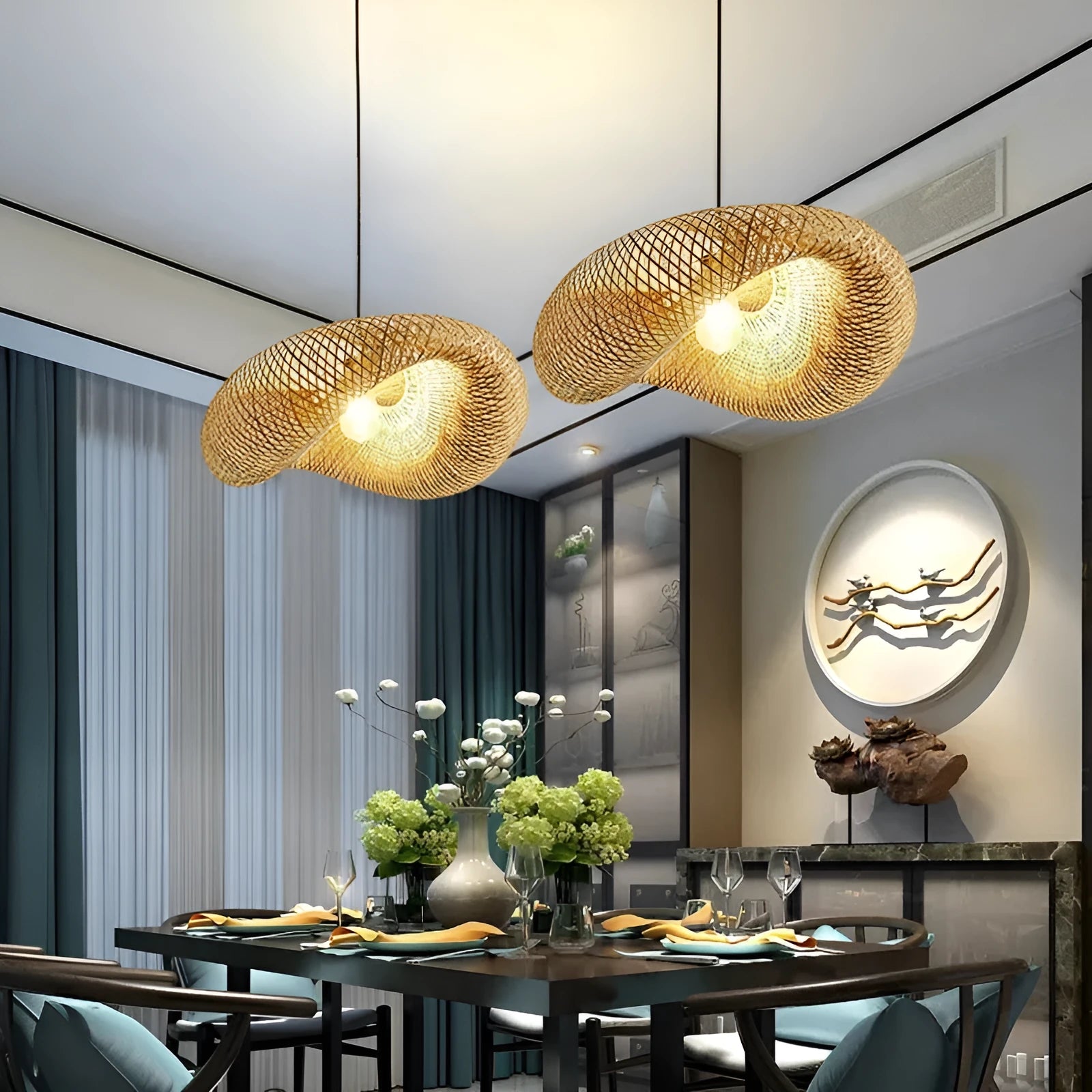 Bamboo hanging lamp with straw hat shape and 60cm diameter, made from natural rattan