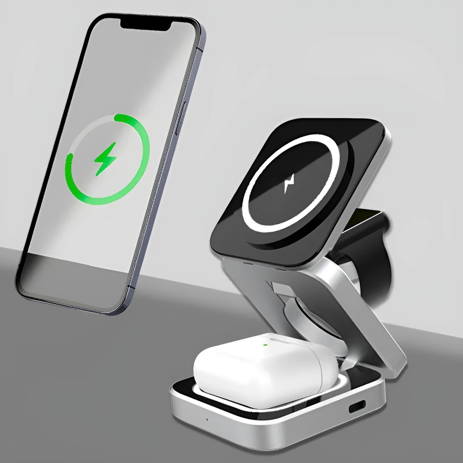 Three-in-one desktop wireless charging bracket for Apple, Samsung and Google Pixel devices with folding design
