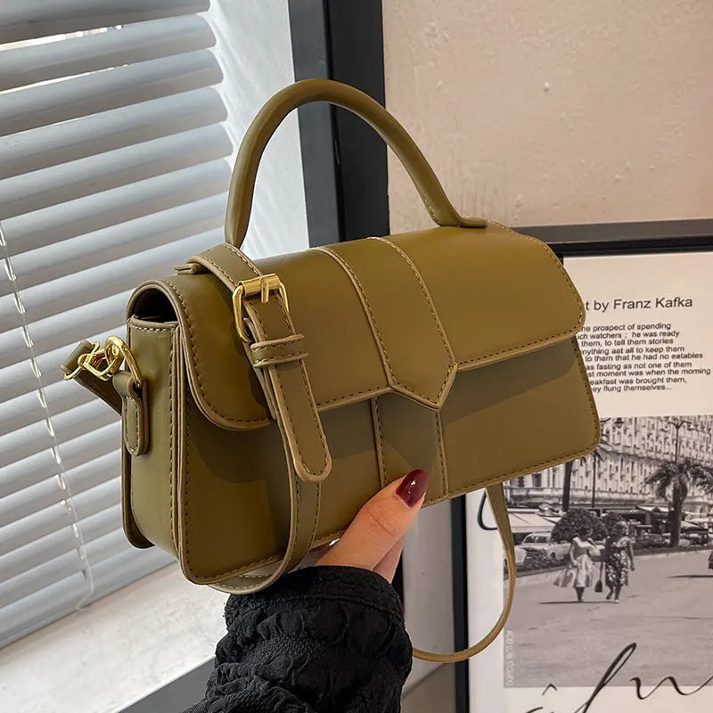 Women's brown PU leather messenger bag with horizontal square design showing sandwich pocket
