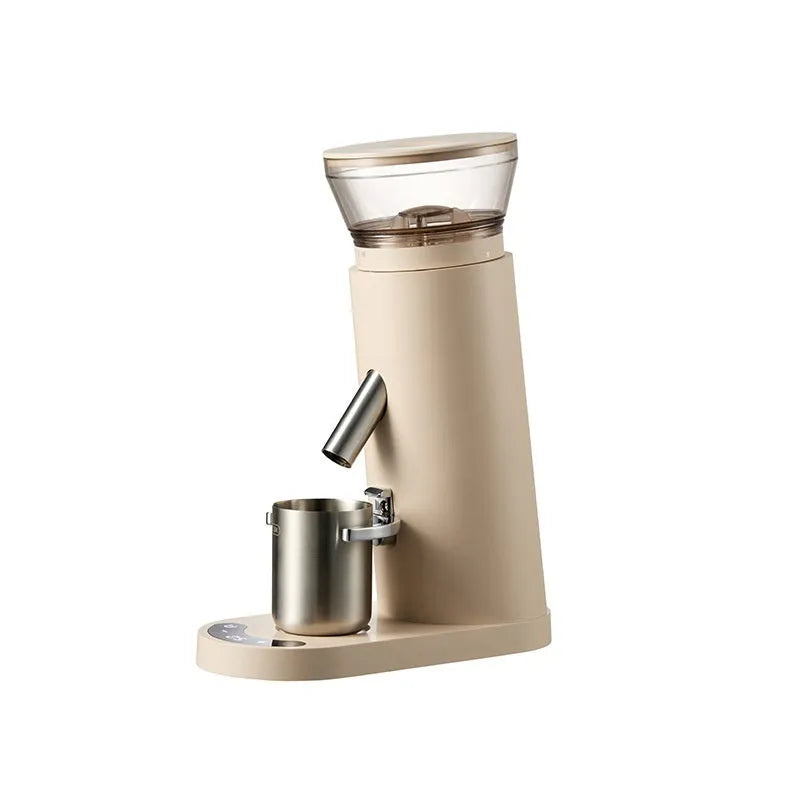 Portable automatic coffee grinder with stainless steel body in beige or black colour options