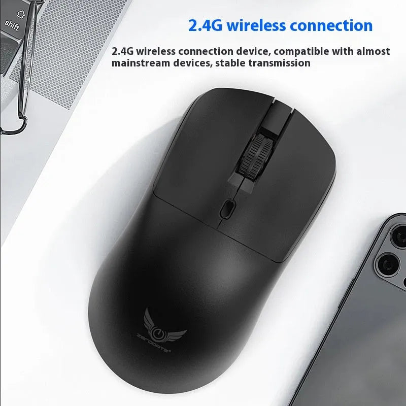 Black wireless mouse with three audio control buttons for laptop use