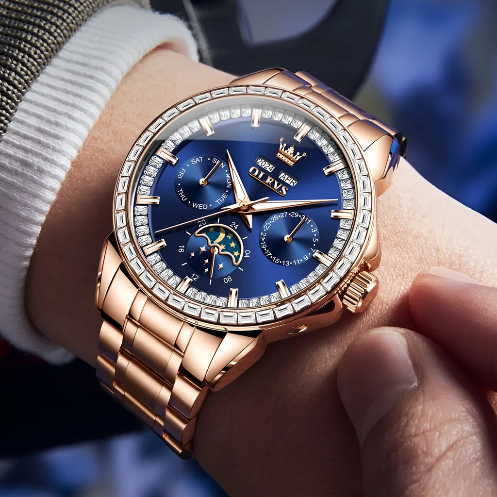 Men's automatic mechanical watch with diamond hour markers on stainless steel bracelet