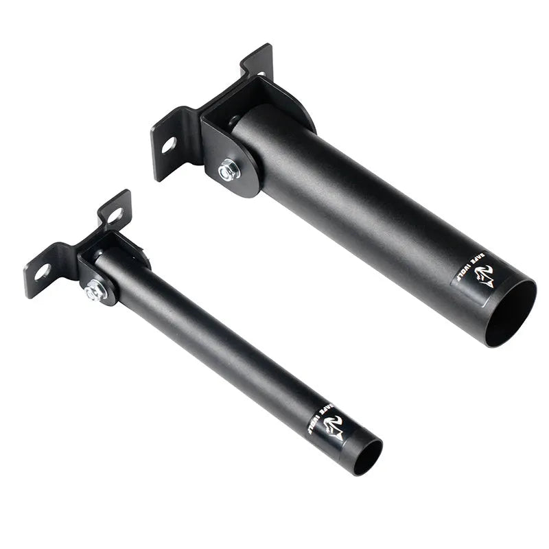 Steel wall-mounted barbell gun barrel rack holding multiple rods.