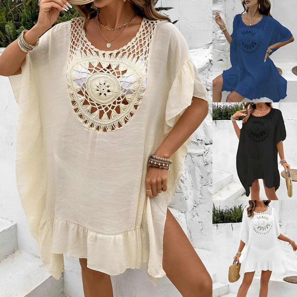 Beach dress with patchwork skirt, crochet stitching, and tassel details in apricot colour