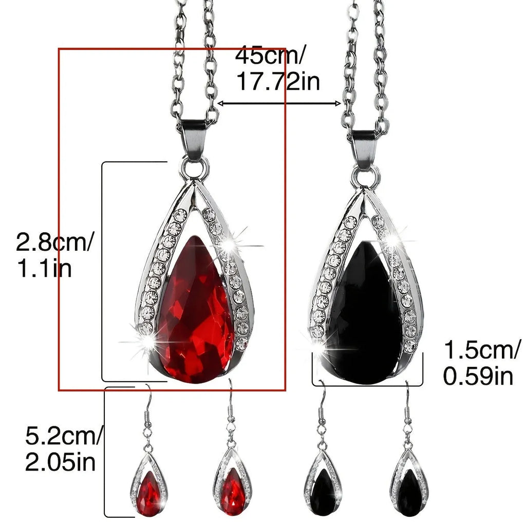 Black and red teardrop glass pendant necklace and matching earrings set on alloy chain.