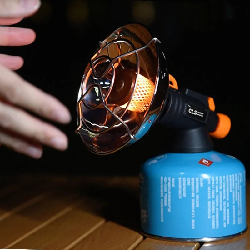 Portable outdoor heating stove with black and orange design and automatic ignition