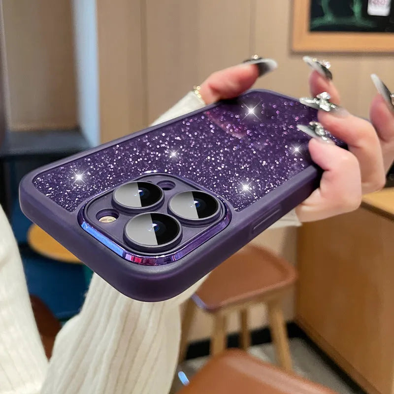 Ultra-thin transparent glitter gradient iPhone case with magnetic suction on a phone.