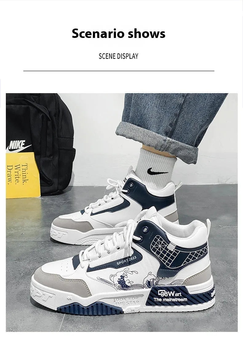 Men's beige high-top board shoes with lace-up front and rubber sole