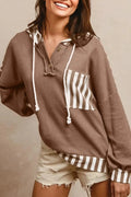 Straw yellow waffle texture ladies hoodie with striped patchwork and button neck closure