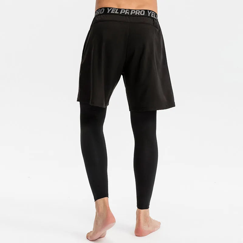Man wearing grey high elastic tight sports pants for running or fitness training.