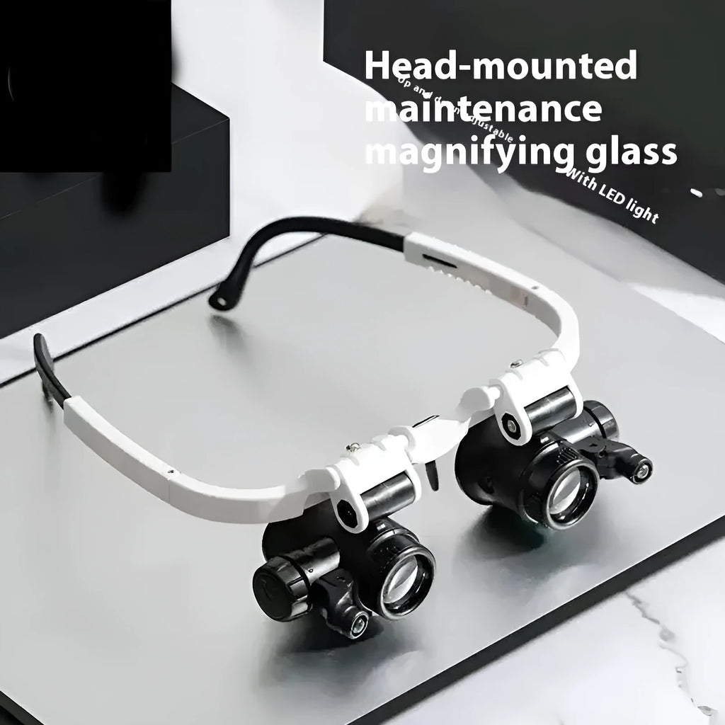 White head mounted magnifying glass with LED light, shown folded and unfolded