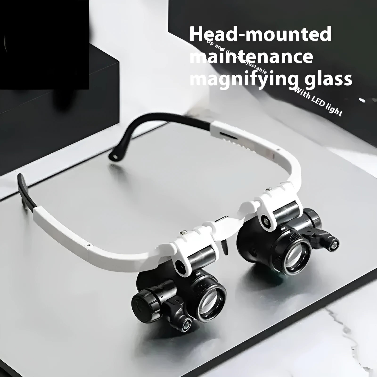 White head mounted magnifying glass with LED light, shown folded and unfolded