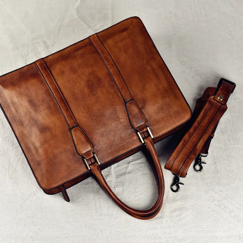 Men's 14-inch vegetable tanned leather handbag in horizontal square business style