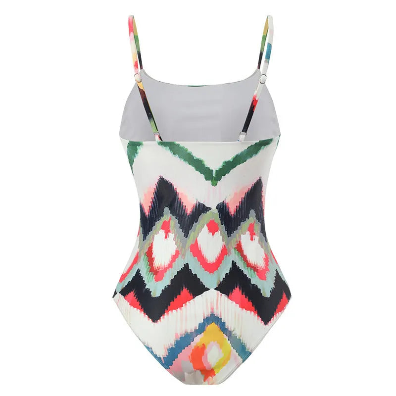 Women's printed two-piece swimsuit set with matching hip skirt in quick-dry polyester fabric