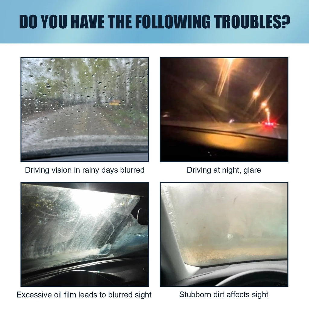 Blue car window oil film remover with a soft sponge brush for decontaminating windshields.