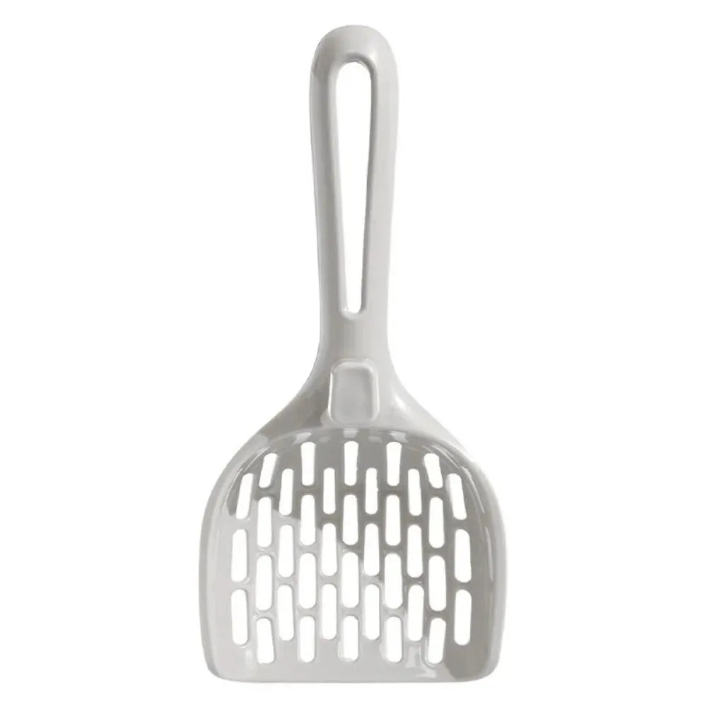 Grey plastic cat litter scoop with integrated base for self-cleaning convenience