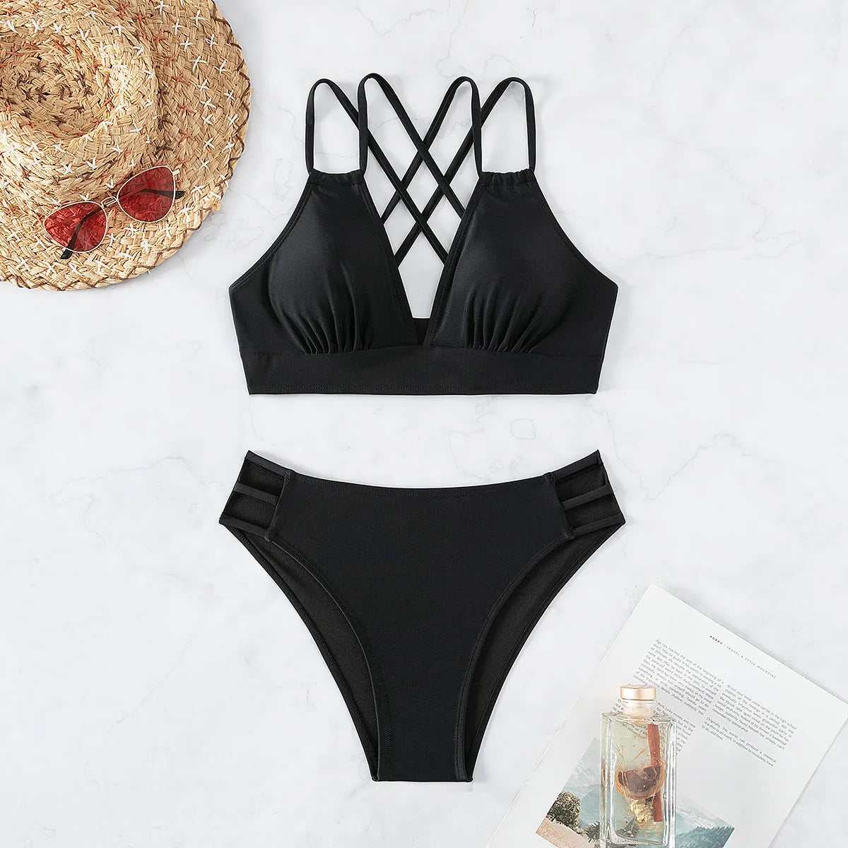 Women's V-neck halter bikini swimsuit in black with adjustable straps