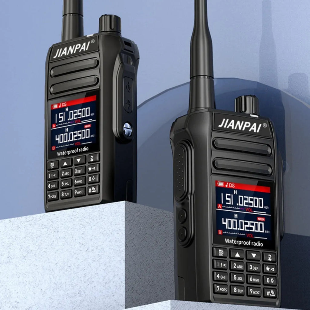 Black waterproof aviation interphone radio with full band coverage, shown with battery, antenna, charger, and headset microphone.