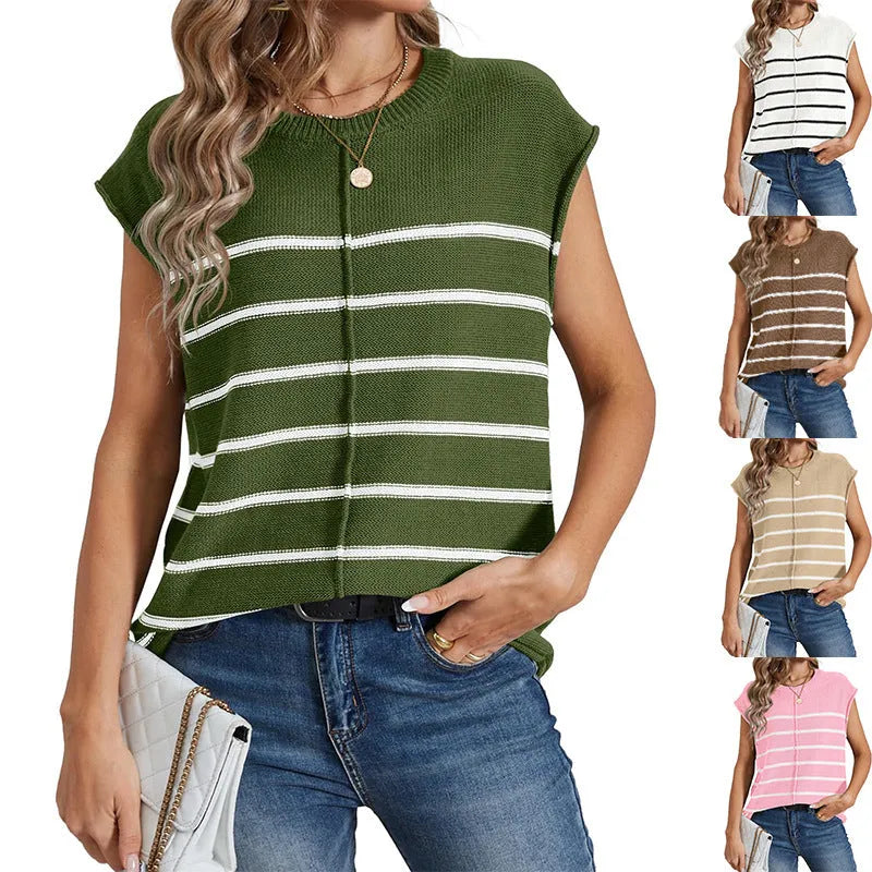 Women's striped sleeveless pullover vest in acrylic fabric with bone stitching detail