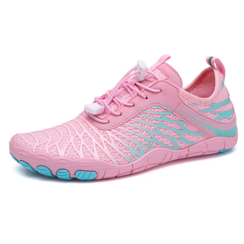 Upstream lace-up casual sports shoes in assorted colours on a white, black, pink, ash orange, or black blue background.