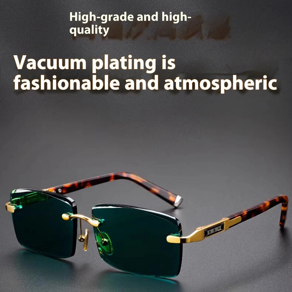 Dark green frameless sunshade glasses with protective case and lens cloth