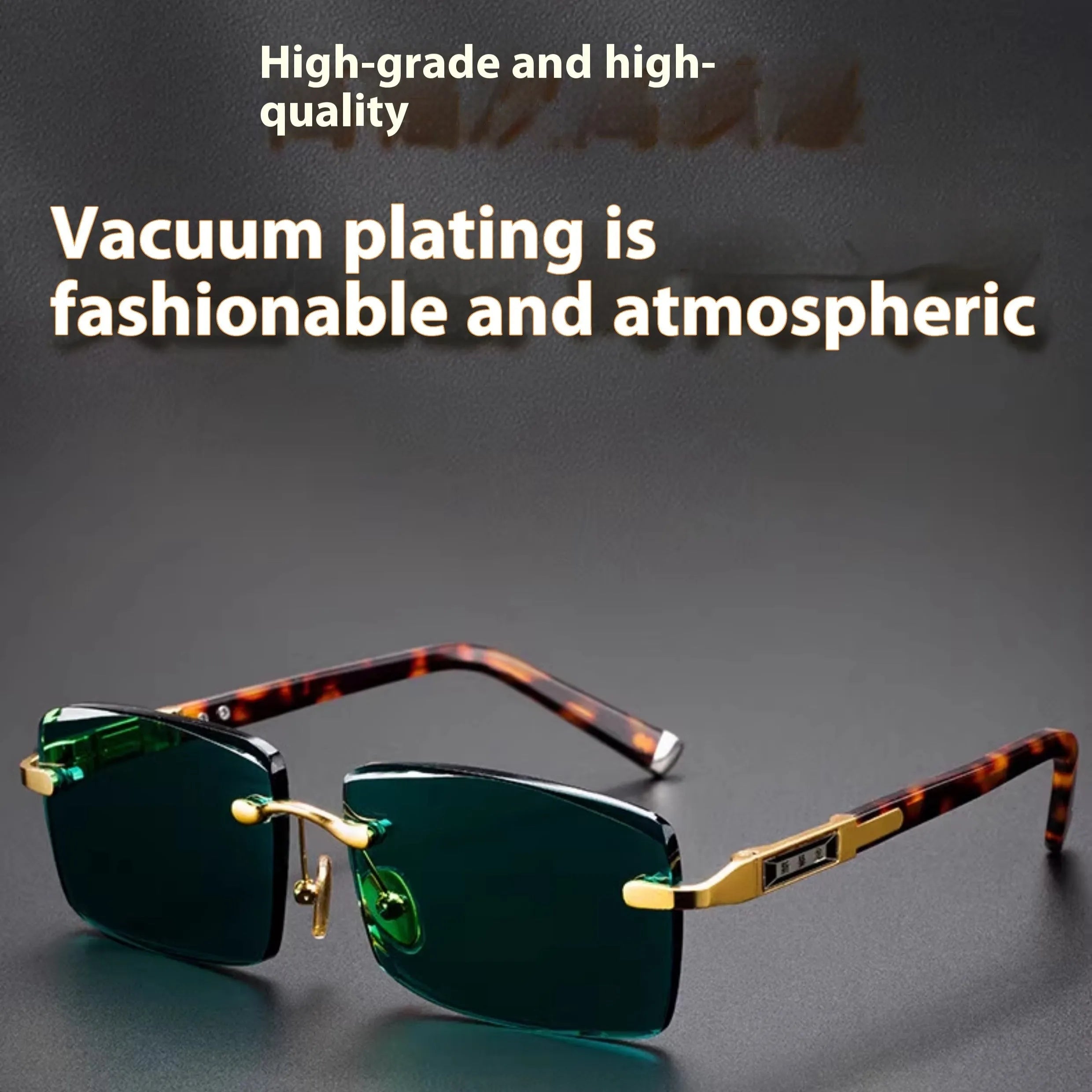 Dark green frameless sunshade glasses with protective case and lens cloth