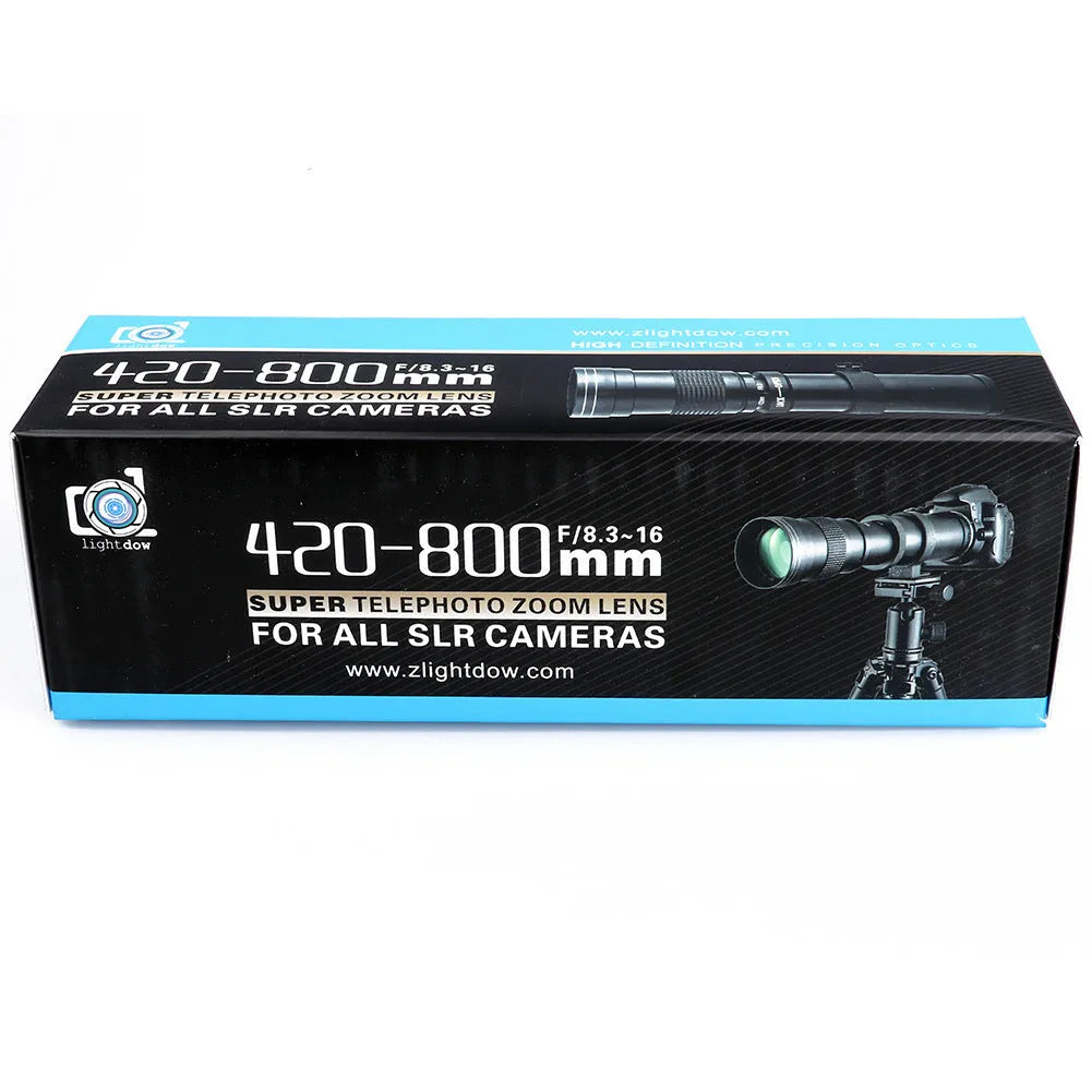 Manual telephoto zoom camera lens adapter with 420-800mm range and 67mm filter thread on a black background.