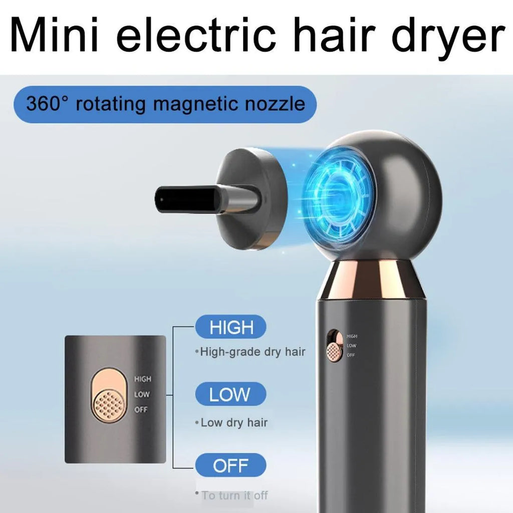 Compact white hair dryer with concentrator attachment showing 800W power rating and ionic technology