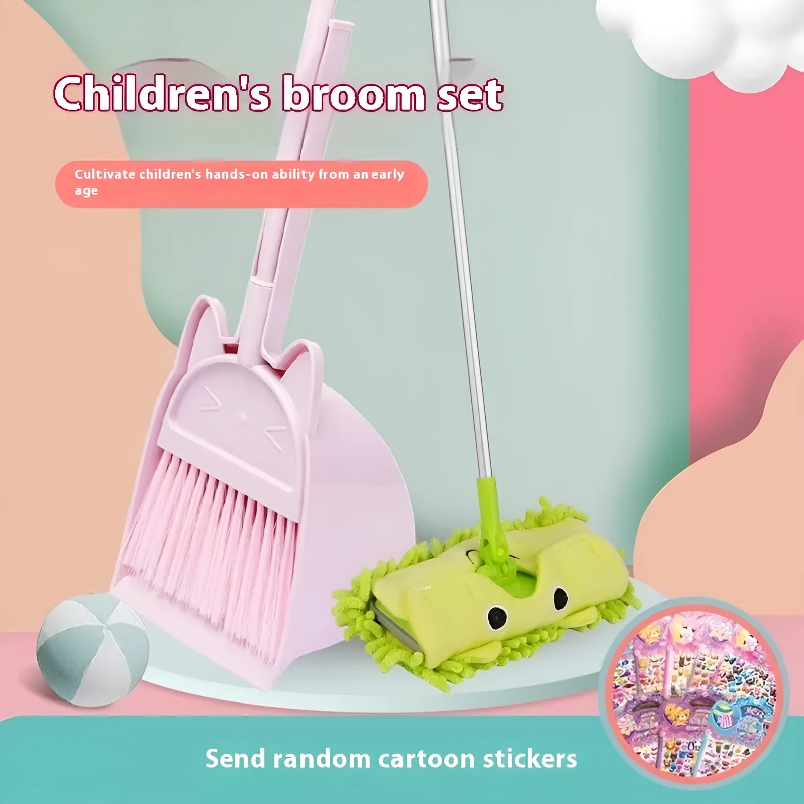 Broom and dustpan set with rotating brush head in purple, green and beige colour options