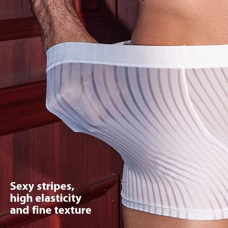 Men's striped nylon boxer briefs in black, white, and dark grey colours showing vertical pattern design
