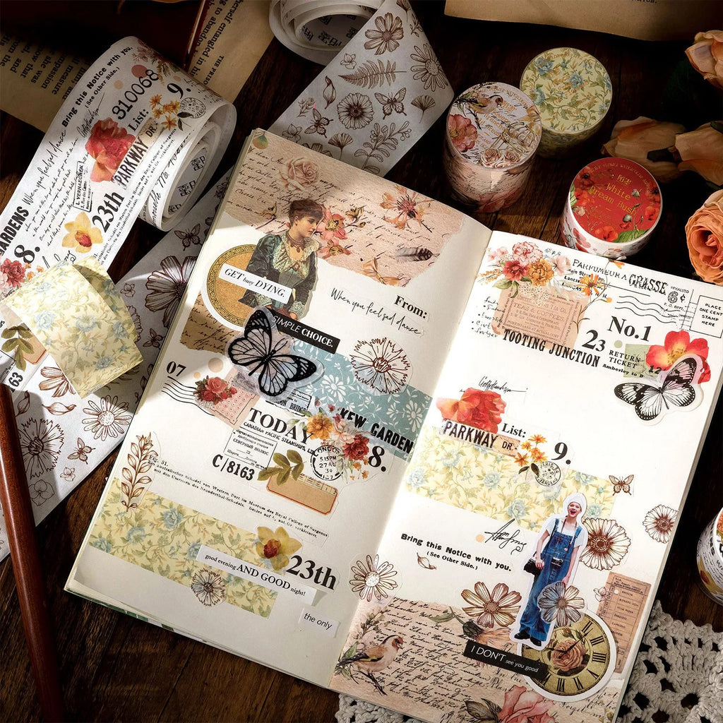 Roll of vintage-style floral watercolour decorative tape on a Japanese paper base.