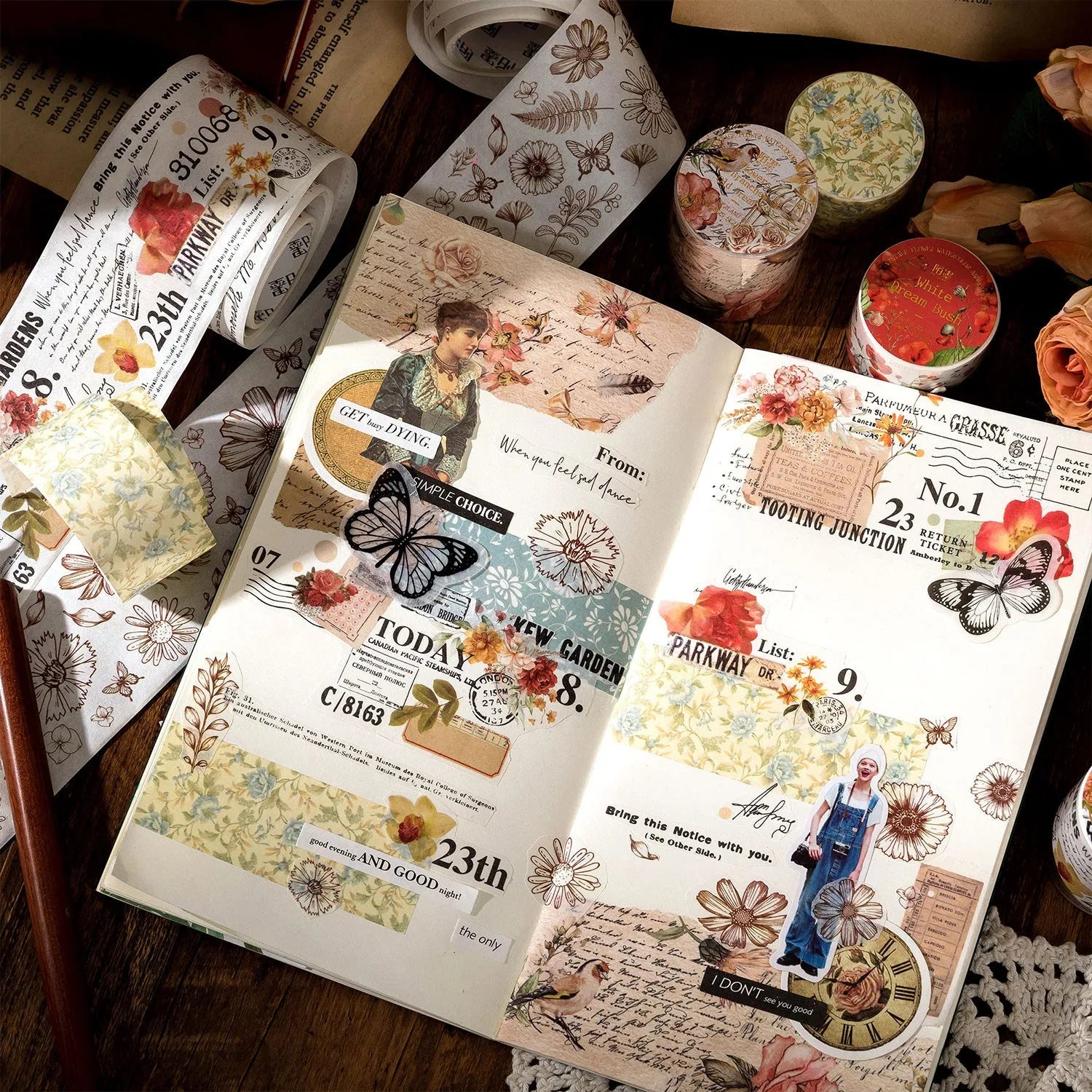 Roll of vintage-style floral watercolour decorative tape on a Japanese paper base.