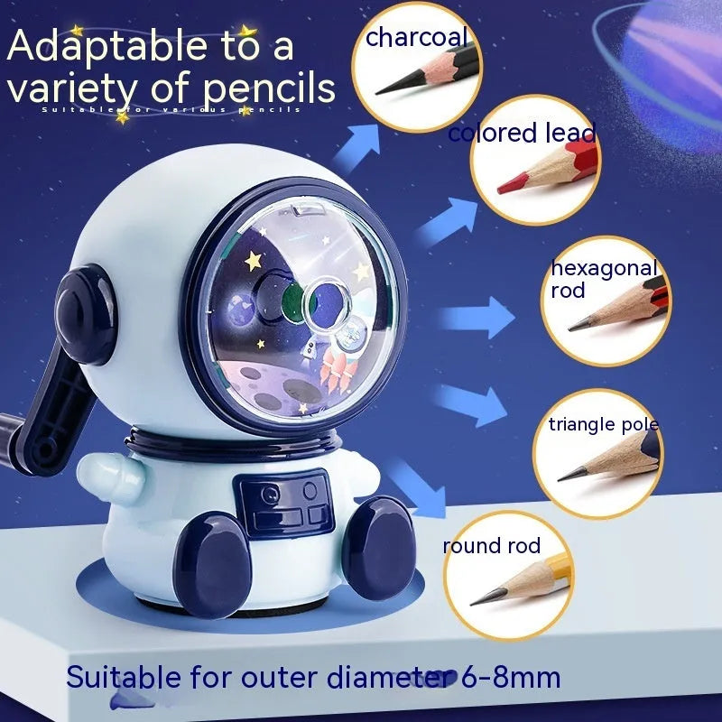 Blue astronaut cartoon pencil sharpener with manual operation and anti-jam mechanism
