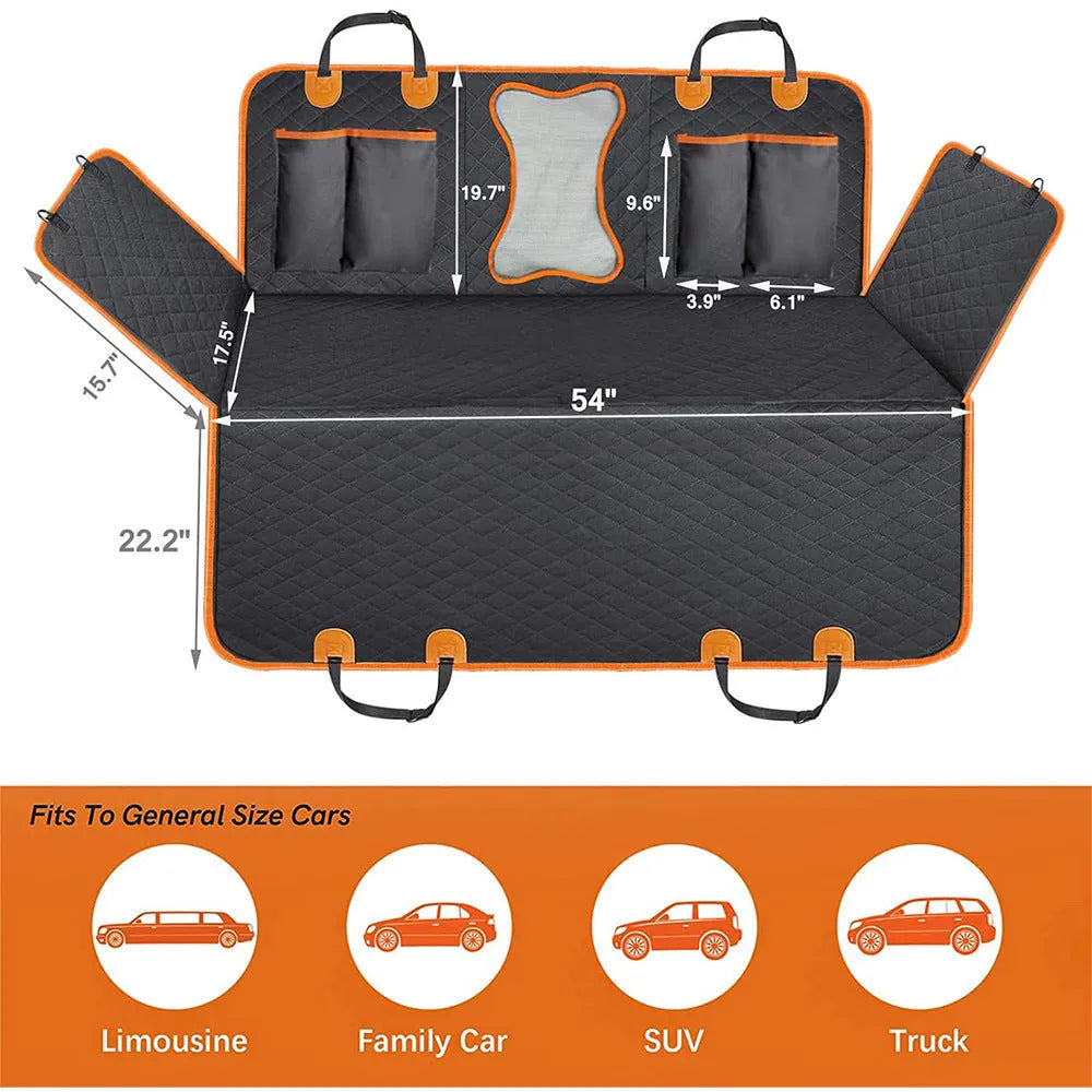 Black waterproof dog car seat cover with orange edging laid out on a car rear seat, showing mesh window and storage pocket.