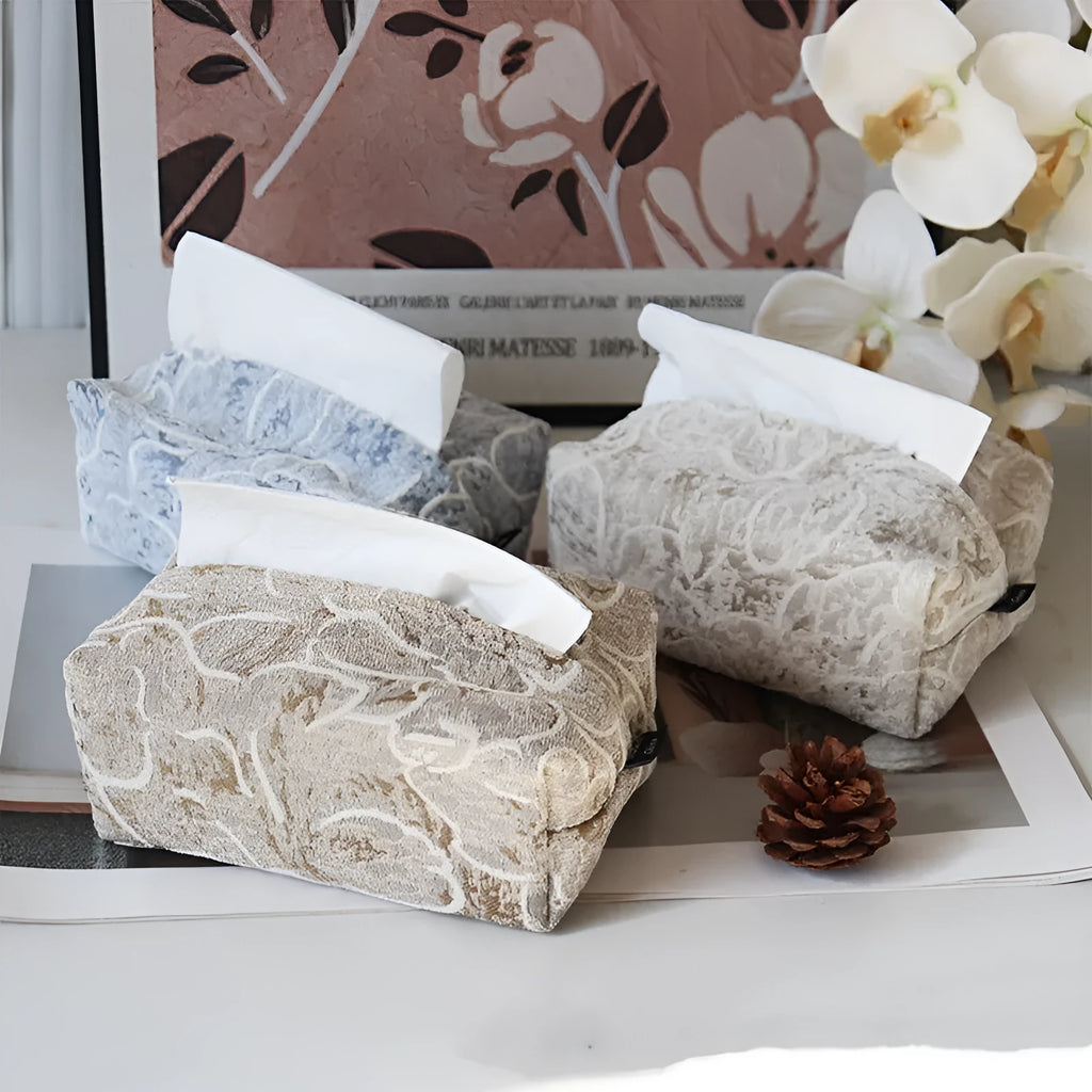 Chinese pastoral style cotton fabric tissue box with floral rose pattern in beige colour